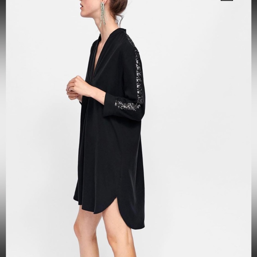 Zara V-Neck Tunic Blouse Dress Women's Size S Black Sequins Embellished Evening